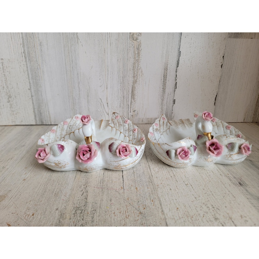 Lefton Swan vintage candy dish set goose‎ bird porcelain home decor